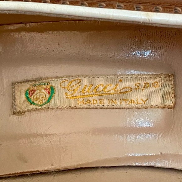 RARE VINTAGE 70s GUCCI ITALY GG LOGO PUMPS HEELS BROWN WHITE LEATHER OPEN TOE 37 - Picture 9 of 11